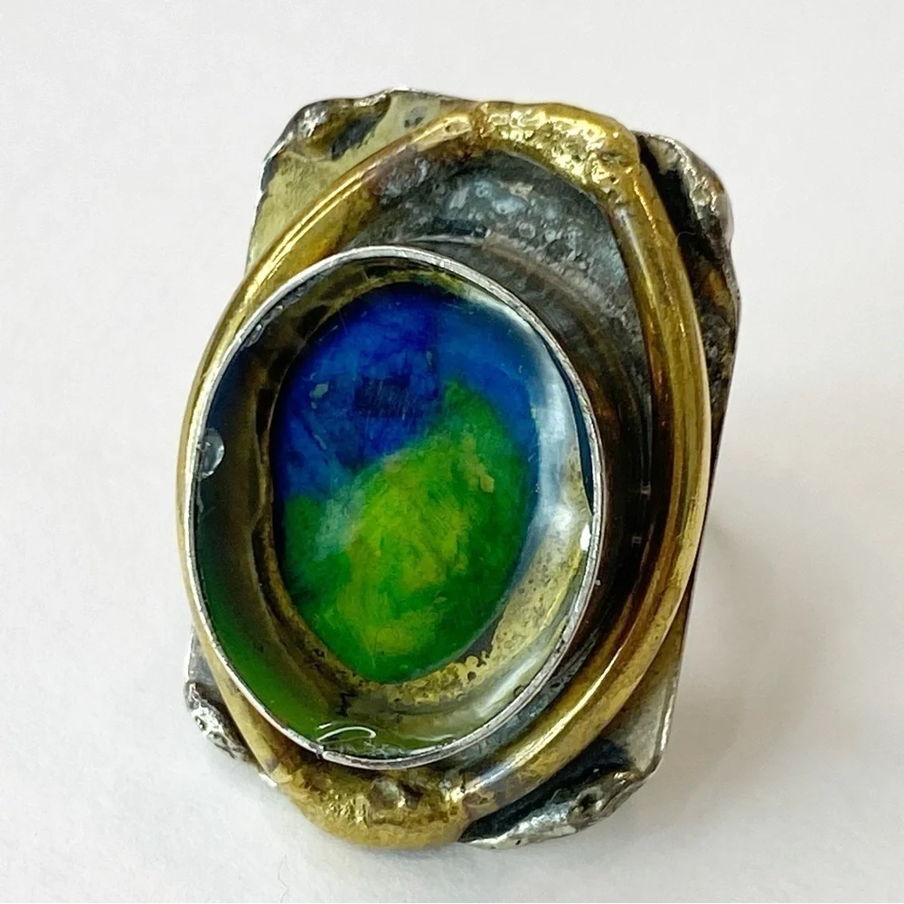 Vintage Latappy French Brutalist Mixed Metal Resin Statement Ring Adjustable HTF